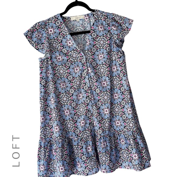 LOFT | NWOT MEDALLION PRINT RUFFLE FLOUNCE BUTTON FRONT COTTON DRESS | XSP - Picture 1 of 10